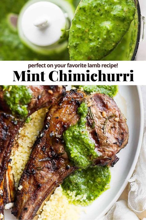 Mint Chimichurri - a bright, delicious and easy mint chimichurri recipe that is perfect for your favorite lamb recipe! #mintchimichurri #mintchimichurrirecipe #mintchimichurrisauce #mintchimichurrilamb Recipes Using Mint, Mint Chimichurri, Chimichurri Sauce Recipe, Grilled Lamb Chops, Chimichurri Recipe, Lamb Chop Recipes, Lamb Recipe, Mint Recipes, Grilled Lamb