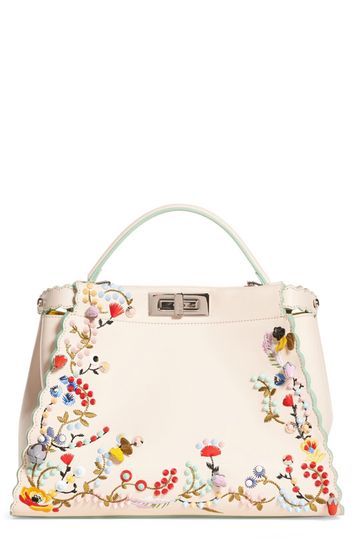 Fendi Medium Peekaboo Embroidered Leather Satchel Fendi Purses, Fendi Handbag, Embroidered Handbag, Fendi Peekaboo, Embroidered Leather, Floral Bags, Handbag Heaven, Pink Handbags, Mens Leather Bag