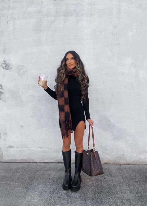 Style A Bodycon Dress, Winter Bodycon Dress, How To Style Combat Boots, How To Style Faux Leather Leggings, Scarf For Winter, Winter Uniform, Dress With Scarf, Body Con Dress Outfit, Checkered Scarf