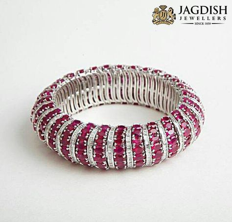 Designer jewel Ruby Diamond Bangles, Pearl Bangles Gold, Blue Diamond Earrings, Pakistani Jewellery, Wedding Jewelry Sets Bridal Jewellery, Ruby Bangles, Bangle Design, Diamond Bracelet Design, Trending Bracelets