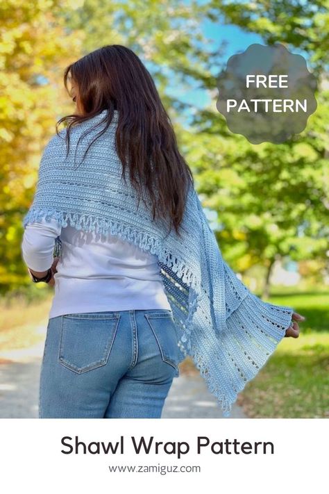 A woman wearing a blue crochet shawl wrap Crochet Rectangle Shawl Pattern, Rectangle Shawl Pattern, Rectangle Shawls, Spring Shawl, Crochet Spring, Baby Headbands Crochet, Mercerized Cotton Yarn, Crochet Faces, Modern Crochet Patterns