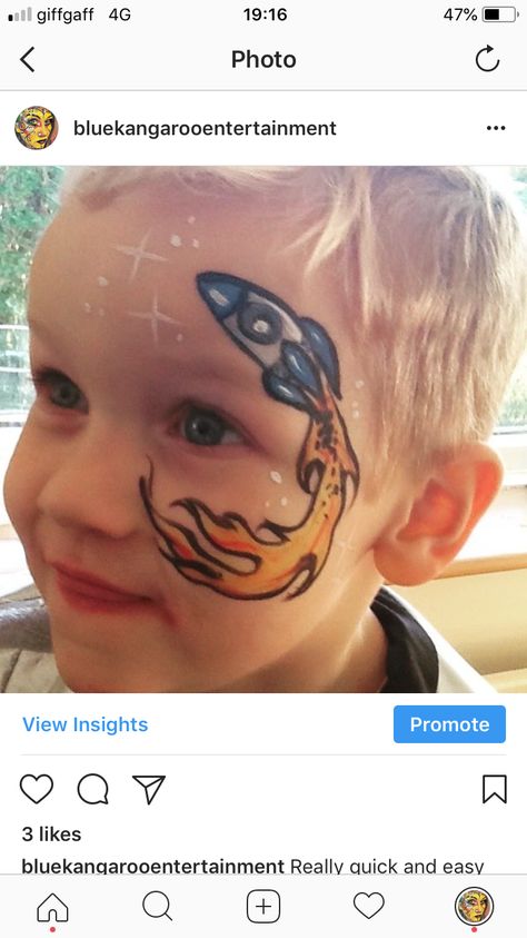 Simple and easy boys space rocket facepainting design Space Themed Face Painting, Rocket Face Paint, Astronaut Face Paint, Rocket Drawing, Easy Face Painting Designs, Festival Face Paint, Space Makeup, Astronaut Costume, Festival Face