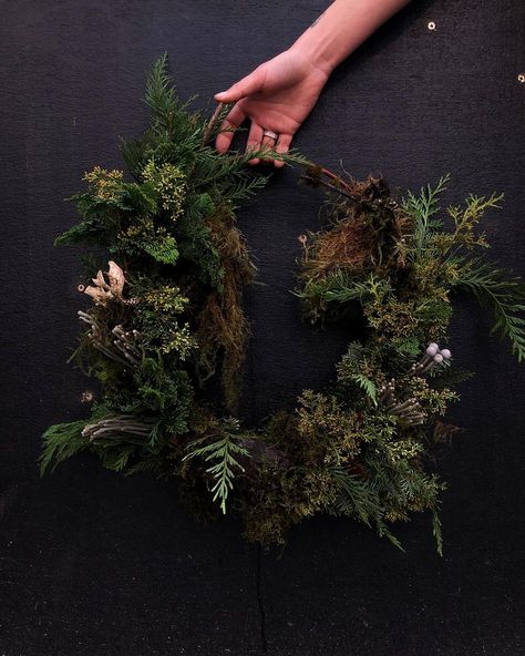 Mackie on Instagram: “Moody-ass swamp wreath” Goth Door Decor, Moody Fall Wreath, Moody Spring Decor, Moody Wreath, Front Door Plants, Green Front Doors, Moss Wreath, Moody Decor, Black Wreath