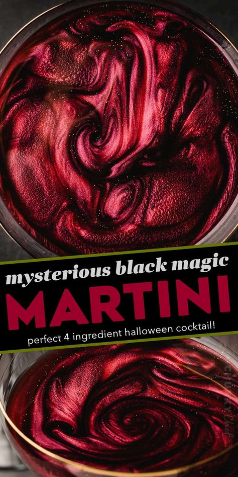 This spooky and mysterious black magic martini is made with just 4 ingredients (including optional garnishes) and is absolutely perfect for Halloween! Stir in edible luster dust to give your vodka martini eerie and mystical swirls! Black Vodka Halloween Drinks, Cute Halloween Cocktails, Bonefish White Cranberry Martini, Pirate Cocktail Recipes, Cool Halloween Drinks, 90s Alcoholic Drinks, Masquerade Drinks Cocktails, Black Cocktails For Halloween, Best Halloween Cocktails