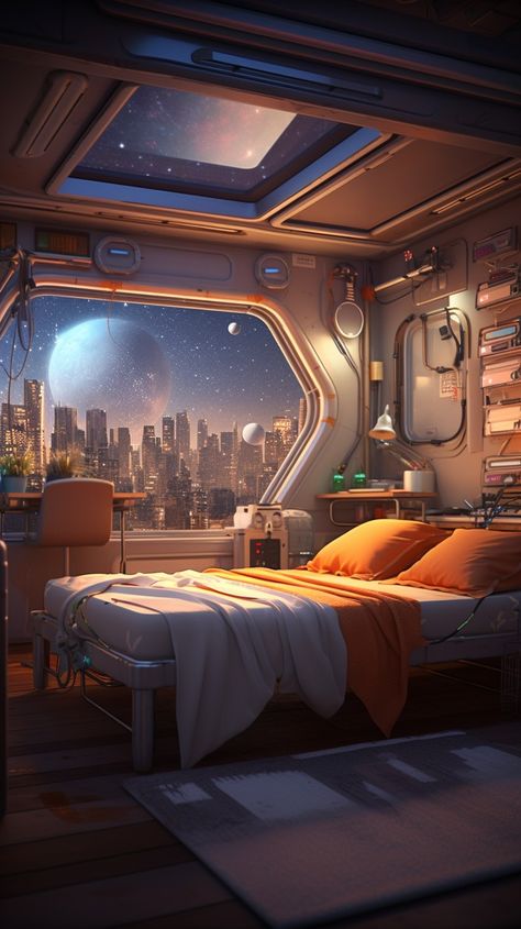 Sci Fi Themed Room, Spaceship Bedroom Concept Art, Scifi House Concept Art, Sci-fi Room, Scifi Home, Futuristic Room Ideas, Spaceship Interior Bedrooms, Spaceship Bedroom, Sci Fi Apartment