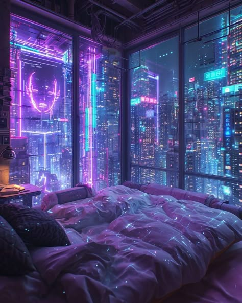 Bedroom Cyberpunk Interior Design, Vtuber Bedroom, Futuristic Room Aesthetic, Cyberpunk Bedroom Ideas, Futuristic City Aesthetic, Vaporwave House, Cyberpunk Room Decor, Vaporwave Bedroom, Sci Fi Bedroom