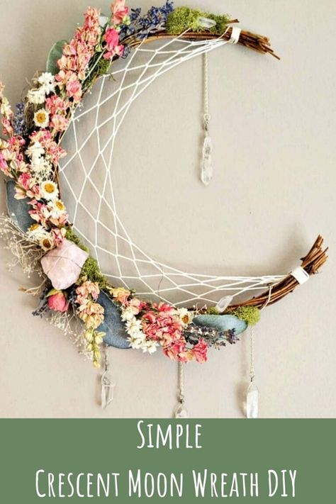 Diy Moon Wreath, Crescent Moon Wreath Diy, Moon Wreath Diy, Diy Crescent Moon, Blessed Ostara, Simple Crescent Moon, Cottagecore Things, Crescent Moon Wreath, Diy Dream Catcher Tutorial