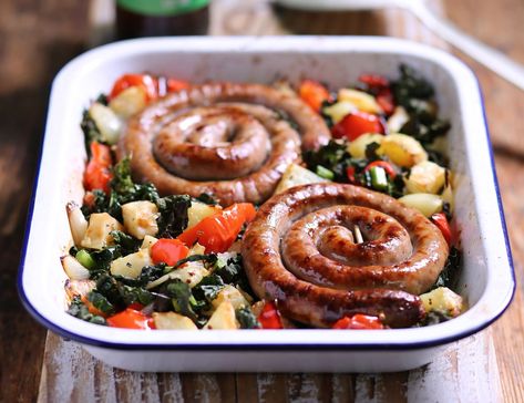 Cumberland Sausage & Vegetable Roast Recipe | Abel & Cole Vegetable Roast, Sausages Recipe, Cumberland Sausage, Roast Recipe, British Food, Roast Recipes, Recipe For Mom, Sausage Recipes, Inspired Recipes