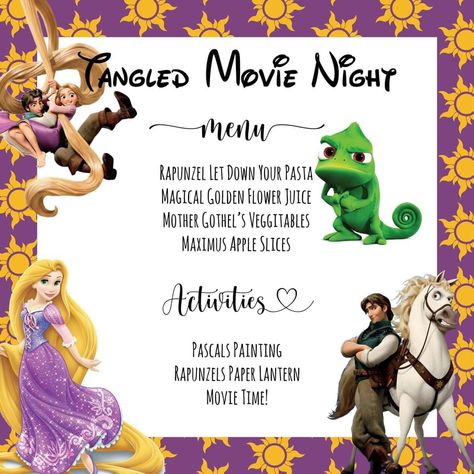 Tangled Menu Ideas, Disney Movie Party Ideas, Disney Dinner Ideas Movie Nights, Disney Dinner Recipes From Movies, Disney Movie Night Dinner Tangled, Disney Diner And Movie, Tangled Dinner And A Movie, Disney Dinner Menu Ideas, Disney Dinners And Movies