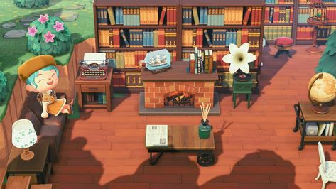 Coffee Shop Library - Animal Crossing: New Horizons Acnh Bookstore Design, Acnh Book Store Design, Bookstore Animal Crossing, Animal Crossing Book Store, Acnh Book Store, Evermore Book, Animal Crossing Cafe, Ac Ideas, Starbucks Design