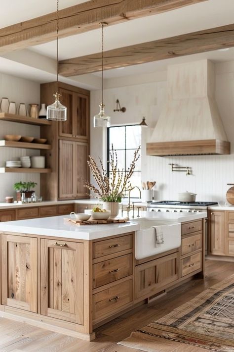 Get inspired by rustic farmhouse kitchen decor ideas that are perfect for open kitchens, blending rustic and modern elements seamlessly. 🏡✨ Light Wood Cabinets With White Countertops, Modern Romantic Kitchen, Texas Hill Country Kitchen, Light And Dark Wood Kitchen, Kitchen Backsplash Ideas With White Cabinets Wood Countertops, German Style Kitchen, Light Wooden Kitchen Cabinets, Colorado Kitchen Design, Pine Kitchen Cabinets Farmhouse