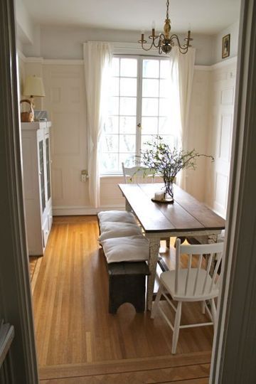 Dining room. Love the panelling w/room for color/decor before the ceiling. Idea for our nook/dining area. Space Saving Dining Room, Narrow Dining Tables, House Palette, Wall Bench, Gray House, Latest Interior Design, Dinner Room, Table Wall, Interior Design Boards