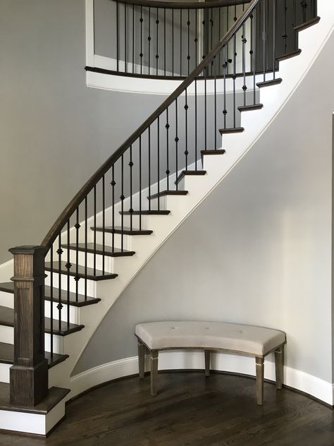 White Oak Curved Staircase, Entryway Curved Staircase, Curved Staircase Decor, Curved Staircase Foyer Entryway, Curved Staircase Ideas, Modern Curved Staircase, Curved Staircase Foyer, Stairway Remodel, Stairs Curved