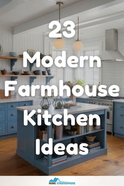 A farmhouse kitchen with light blue cabinets, open shelving, and wooden countertops to combine modern design with rustic charm. Kitchen Remodel Farmhouse Modern, Modern Farmhouse Kitchen Remodel Ideas, Modern Farmhouse Kitchen Island Ideas, Country Kitchen Modern, Shiplap In Kitchen Farmhouse Style, Country Modern Kitchen Farmhouse Style, 2024 Farmhouse Kitchen, Farmhouse Kitchens 2024, Farm Modern Kitchen