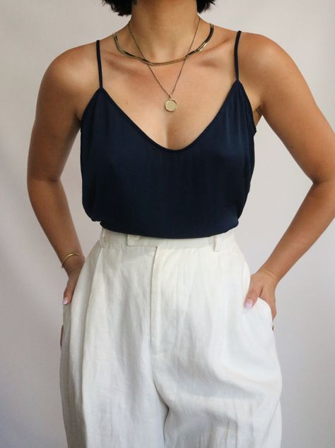 Vintage Navy Blue Pure Silk Designer Diane Von Furstenberg Camisole + White High Waisted Trousers #trousers #camisole #vintagestyle #silk #designer Navy Silk Top Outfit, Navy Camisole Outfit, Camisole Top Outfit Summer, Navy Blue Classy Outfits, Debut Motif, Spaghetti Top Outfit, Silk Camisole Outfit, Silk Top Outfit, Camisole Outfit