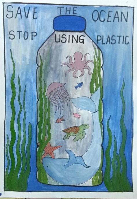 Recycling Poster Ideas For School, Ocean Pollution Poster, Life Poster Design, Marine Life Drawing, Save Marine Life, Save Ocean, Plastic Poster, School Drawings, Ocean Projects