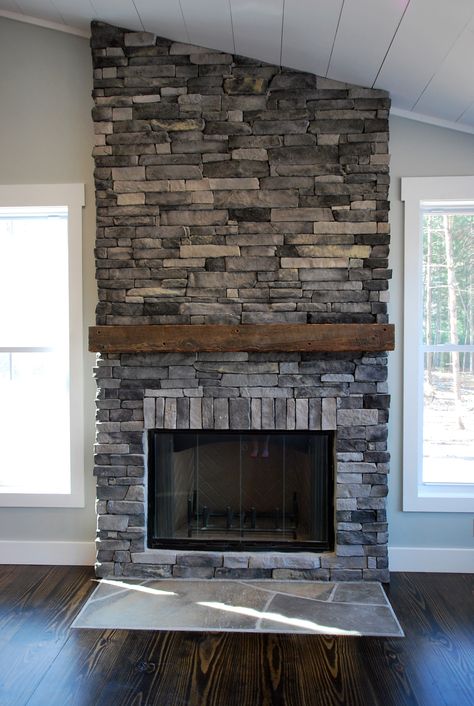 Stone Fireplace Ideas, Grey Stone Fireplace, Stone Fireplace Makeover, Stone Fireplace Designs, Grey Fireplace, Cottage Fireplace, Stacked Stone Fireplaces, Brick Fireplace Makeover, Stone Cottages