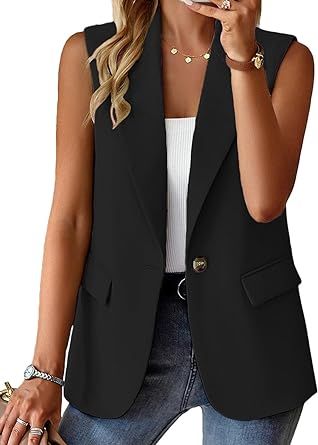 Womens Vest Outfit Dressy, Button Fashion, Outfits Dressy, Sleeveless Blazer, Vest Tops, Blazer Jackets For Women, Womens Business Casual, Vest Outfits, Work Office