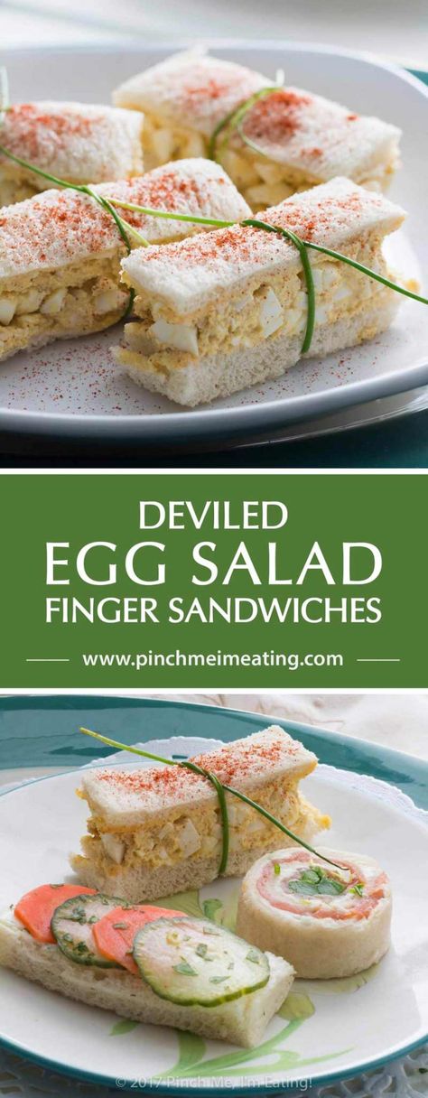 Deviled egg salad finger sandwiches are a classic for afternoon tea! Find these and other tea sandwich recipes weekly at Tea for Tuesdays. Deviled Egg Salad, Tea Sandwich, Tea Party Sandwiches, Sandwiches Recipes, Tea Sandwiches Recipes, Afternoon Tea Recipes, Party Sandwiches, Decorações Com Comidas, Finger Sandwiches