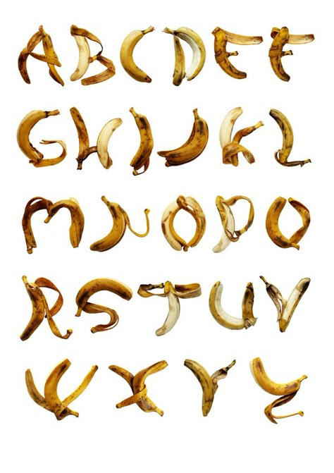 Banana font by Adrienn Nagy, via Behance Food Typography, Experimental Type, Alphabet Photography, 타이포그래피 포스터 디자인, Posca Art, Typography Alphabet, Scrapbook Printing, Font Graphic, Bold Logo