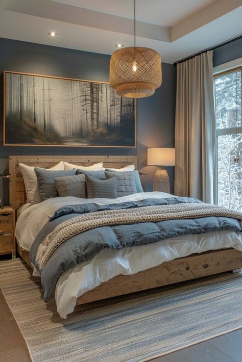 Twilight Forest Bedroom Light Blue And Brown Bedroom, Blue Earthy Bedroom, Earthy Bedroom, Bedroom Decor Cozy, Bedroom Redo, Bedroom Remodel, Bedrooms Decor, Primary Bedroom, Master Bed