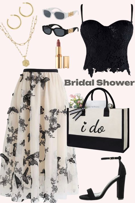 Black bustier, black tote, black heels Black And White Bridal Shower Outfit, White Bridal Shower Outfit, Shower Dress For Bride, White Bridal Shower Dress, White Bridal Shower, Shower Outfits, Bridal Shower Outfit, Tulle Midi Skirt, Dresses Spring