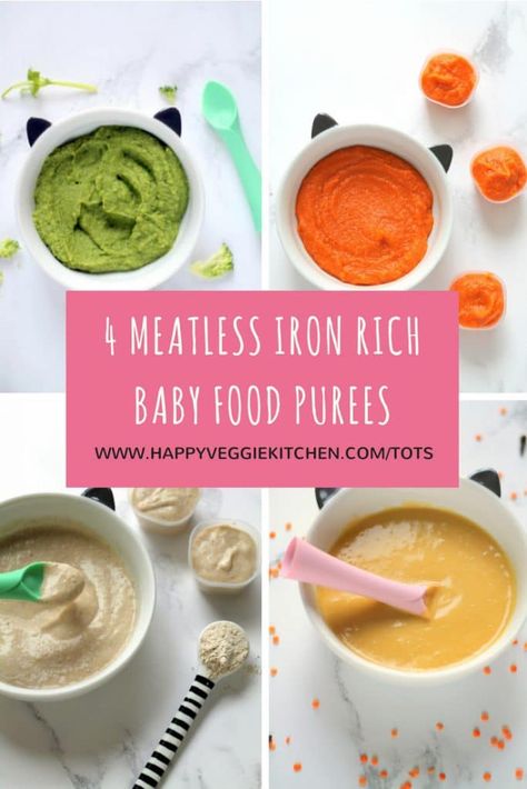 Homemade vegetarian baby food puree recipes with plant based iron, optimized for absorption. These are perfect first foods for your baby to help them develop a taste for iron rich foods. They can easily be adapted to be more textured when your baby is ready... and there are lots of ways to include them in your toddler's meals too! #babyfood #homemadebabyfood #vegetarian #babies Baby Food Puree Recipes, Iron Rich Baby Food, Puree Recipes, Baby Food Puree, Baby Food By Age, Baby & Toddler Food, Vegan Baby, Healthy Baby Food, Baby First Foods