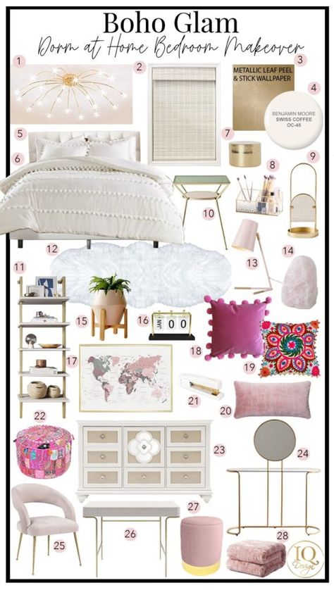 Modern Girly Bedroom Decor, Boho Glam Decor Bedroom, Pink Boho Glam Bedroom, Boho Glam Home Office, Rose Gold Boho Bedroom, Girly Boho Decor, Boho Glam Bedroom Ideas, Neutral Floral Bedroom, Boho Bedroom Pink Accents