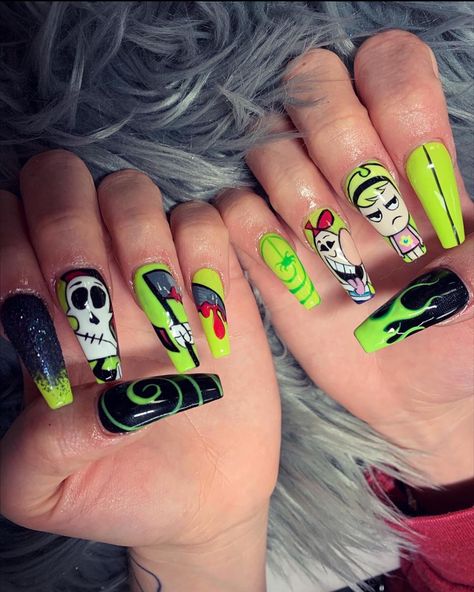 Grim Adventures Of Billy And Mandy Nails, Beavis And Butthead Nails, Billy And Mandy Nails, Pikachu Nails, Random Nails, Spongebob Nails, Halloween Acrylic Nails, Punk Nails, Anime Nails