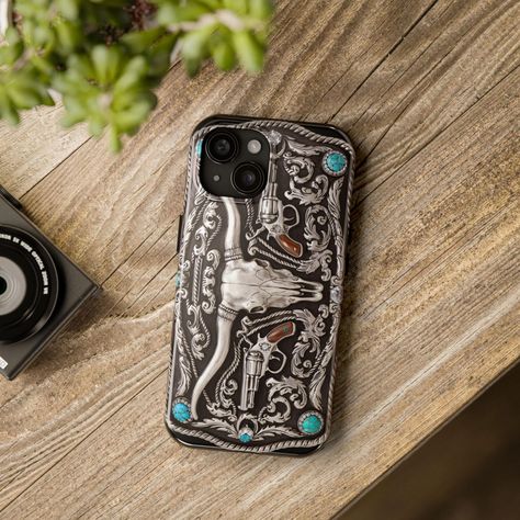 Western Tough Phone Case - 3D Image of Silver Engraved Belt Buckle - Longhorn, Turquoise, and Diamonds - For most iPhone and Samsung phones by WoopWoopClap on Etsy Western Phone Cases, Leather Phone Case Western, Country Iphone Cases, Country Phone Cases, Iphone 13 Cases, Western Accessories, Far West, 3d Image, Image 3d