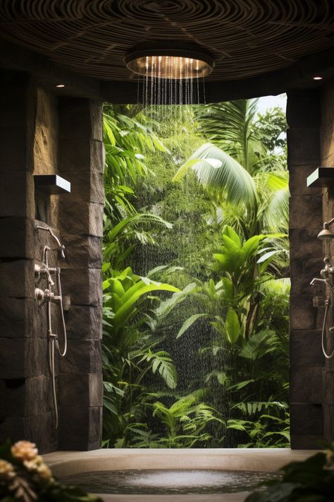 Jungle Shower Bathroom, Tropical Indoor Pool, Jungle Resort Design, Jungle Theme Interior Design, Forest Aesthetic Kitchen, Dark Jungle Bathroom, Rainforest Shower Bathroom, Rainforest Room Aesthetic, Forest Bathrooms