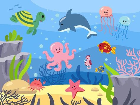 Ocean Background Underwater, Cartoon Underwater, The Sea Background, Under The Sea Art, Under The Sea Animals, Underwater Cartoon, Cartoon Pic, Drawings For Kids, Underwater Background