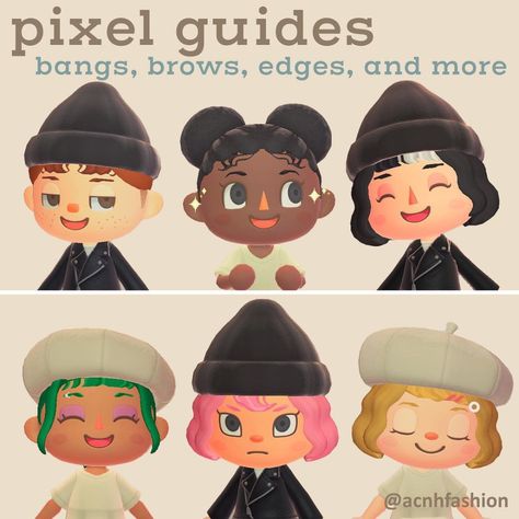 animal crossing qr closet : hair tutorial & color guides ✨ Acnh Eyebrow Designs Grid, Acnh Pixel Guide, Acnh Bangs Code, Acnh Brows, Acnh Faces Code, Acnh Hair, Animal Crossing Hair, Acnh Fashion, Hair Color Guide