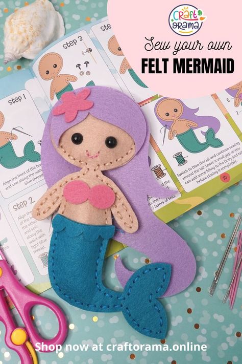 Create your own felt mermaid! Get your children started in sewing! With this sewing kits, they'll be able to make 8 fairytale creatures that they'll be able to give as gifts or decorate their rooms. Watch them glow with pride as they complete these wonderful felt projects. Give the gift of creativity. Shop at craftorama.online now! Felt Mermaid, Mermaid Craft, Kids Sewing Kit, Animals Craft, Fairy Tale Crafts, Fairytale Creatures, Mermaid Crafts, Felt Stories, Sewing Projects For Kids