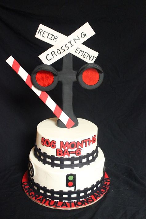 #trains #railroad #railroadcrossing #retirement #retirementcrossing #cake #cakelove #yummy #sweet Retirement Party Cakes, Baby Boy Cakes, Retirement Parties, Cakes For Boys, Party Cakes, Birthday Cake, Cake, Birthday