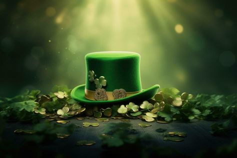 Green leprechaun hat with gold coins and clover leaves on dark background, St. Patrick's Day composition with green beer, shamrock, leprechaun hat, horseshoe and musical instruments, AI Generated Pot Of Gold Picture, At Patrick’s Day Leprechaun, Shrinking Leprechaun Hats, Cute Leprechaun, Leprechaun Gold, Clover Leaves, Leprechaun Hat, Leprechaun Hats, Green Beer