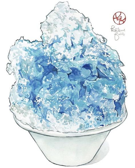 Falls Illustration, Japanese Shaved Ice, Ice Drawing, Food Illust, Japanese Food Illustration, Desserts Drawing, Manga Watercolor, Shave Ice, Foodie Art