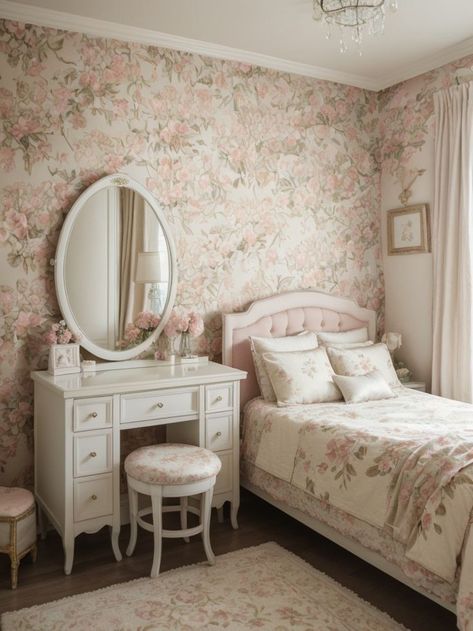 Create a dreamy atmosphere in a girls bedroom with a statement floral wallpaper accent wall. Complement it with a vintage-inspired vanity and delicate fairy lights for a whimsical touch. Princess Aesthetic Bathroom, Granny Room, Floral Wallpaper Accent Wall, Shabby Chic Room Decor, Chic Room Decor, Vanity Setup, Nyc Rooms, Girls Bedroom Wallpaper, Stylish Room Decor