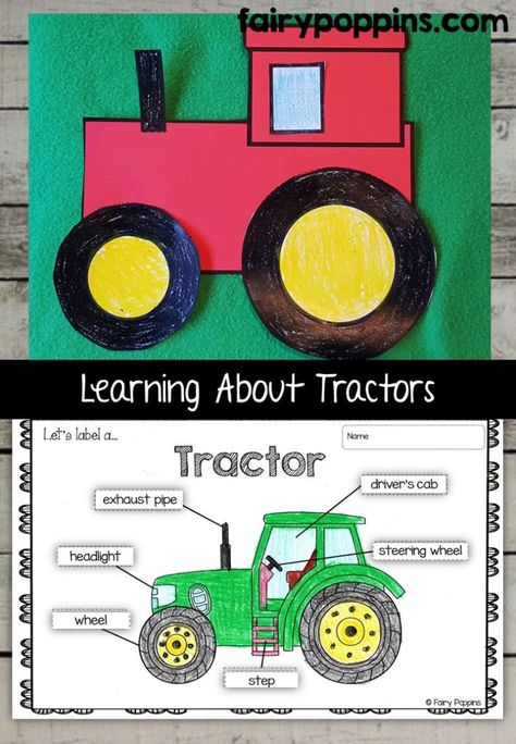 Tractor craft template and worksheet activities (labeling, description, writing) - Fairy Poppins Tractor Craft, Tractor Crafts, Farm Activities Preschool, Summer Crafts For Toddlers, Farm Animals Preschool, Farm Lessons, Farm Theme Preschool, Farm Animal Crafts, Farm Unit