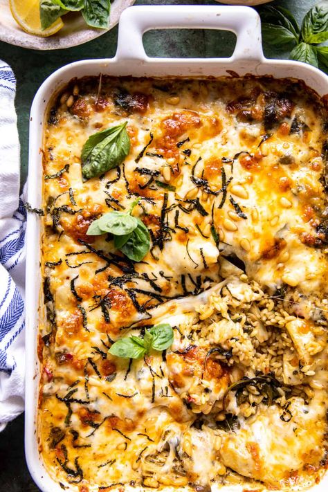 Half Baked Harvest Spring Recipes, One Pan Spinach And Artichoke Orzo Bake, Spinach And Artichoke Orzo Bake, Spinach Artichoke Orzo, Artichoke Orzo, Orzo Bake, Spinach Pasta Bake, Pasta Bake Easy, Half Baked Harvest Recipes