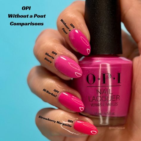 @opi Without a Pout Comparisons 💄💋 *contains gifted product* OPI Without a Pout is similar to, but not the same as, other OPI pink creme nail polishes like #opishortsstory, #opihibarbie and #opistrawberrymargirita. 🌞 Without a Pout VS Shorts Story These nail colors have the same tone of pink, though Without a Pout is a deeper pink when compared to Shorts Story, which is a lighter hue. 💅 Without a Pout VS Hi Barbie! These shades have the same depth of color, though Without a Pout is cooler... Opi Without A Pout, Opi Pink Polish, Opi Shorts Story, Opi Polish Colors, Pedi Colors, Opi Pink Nail Polish, Pink Nails Opi, Hi Barbie, Opi Pink