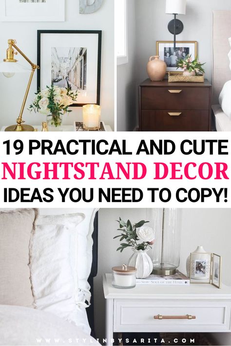 nightstand decor Bedroom Side Table Ideas Aesthetic, Bedroom Night Table Decor, Two Nightstands Bedroom, Practical Nightstand Decor, Nightstand Decor Functional, Mixed Nightstands, Non Matching Bedside Tables, Nightstand Decoration Ideas, Small Nightstand Decor Ideas