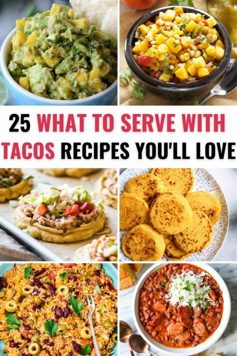 Are you tired of trying to find new recipes for what to serve with tacos? We've got you covered with some different ways to change up what to serve with tacos. This recipe collection will guide you through different types of recipes to serve on the side of your taco dish. Side Dishes For Walking Tacos, What Goes Well With Tacos, What To Serve With Chicken Tacos, Things To Serve With Tacos, What To Serve With Tacos Dinners, Types Of Tacos Different, Pork Taco Sides, Sides To Serve With Tacos, What To Serve With Taco Salad