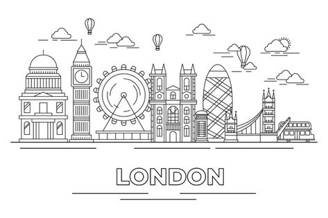 Outline landmarks skyline in monochrome ... | Premium Vector #Freepik #vector #design Paris Outline Drawing, London Line Art, Instagram Outline, City Doodle, London Skyline Silhouette, City Outline, London Drawing, Skyline Design, City Drawing