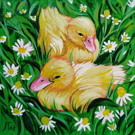 Print Ducklings Acrylic painting Size: 1) ACEO 3.5 x 3.5 inches (9 cm) 2) 6 x 6 inches (15cm) Daisy Landscape, Floral Art Paintings, Chamomile Flower, Daisy Art, Duck Art, Small Canvas Paintings, Daisy Painting, Cute Duck, Cute Paintings