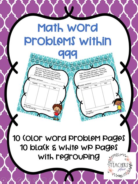 Word problems using base-ten strategy. Addition and subtraction one-step within 999. With regrouping in the ones and tens place. Task Cards Free, Black And White Words, Base Ten, Math Words, Math Word Problems, Teaching Style, Word Problems, Addition And Subtraction, Math Centers