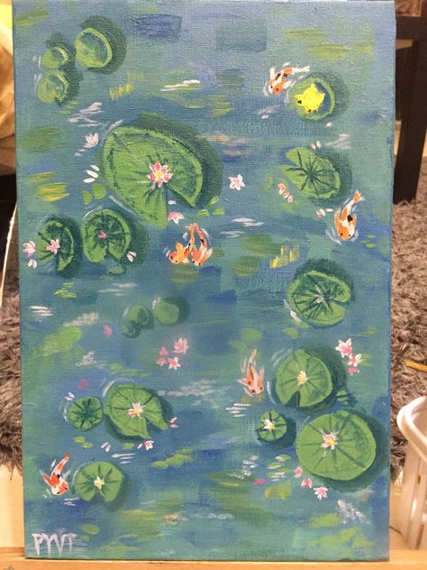 Pond :) (acrylic paint) Fish Pond Art, Pond Painting Acrylic, Catfish Pond, Pastel Tutorial, Pond Art, Pond Painting, Painting Inspo, Fish Pond, Oil Pastel