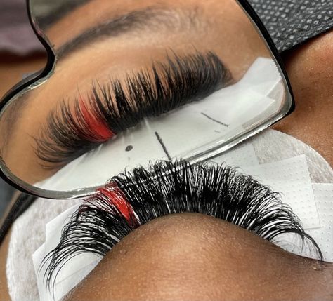 Eyelash Extensions With Red Color, Lash Extensions With Pop Of Color, Red And White Lash Extensions, Lashes With Red Color, Red Lash Extensions Styles, Red And Black Lash Extensions, Lashes With Color At The End, Black And White Eyelash Extensions, Red Lashes Extensions