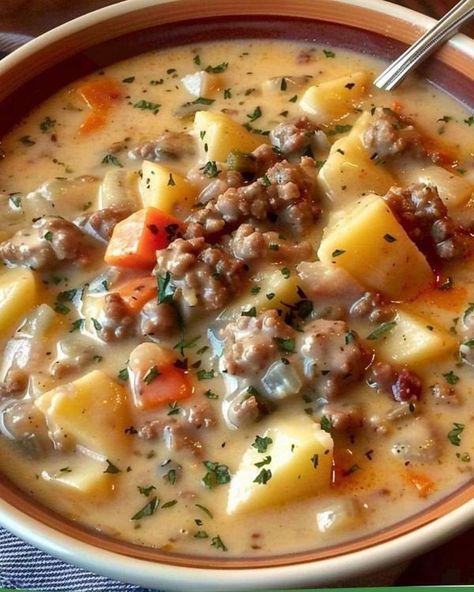 Grandma’s old recipes | Enjoy a cozy evening with Creamy Potato Hamburger Soup—a delicious blend of ground beef, potatoes, and creamy broth for a satisfying meal | Facebook Creamy Beef And Potatoes, 100 Year Old Recipes, Grandmas Old Recipes, Ground Beef And Potato Soup, Beefy Soups, Fall Comfort Food Dinners, Tuesday Dinner, Hardy Soups Comfort Foods, Ground Chicken Potato Soup