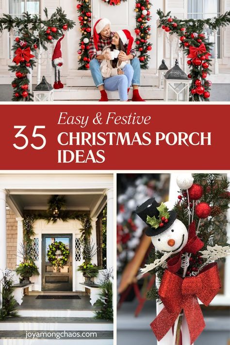 Outdoor Christmas Decor Small Porch, Outdoor Christmas Decorations Small Porch, Narrow Front Porch Christmas Decor, Diy Christmas Decor Front Porch, How To Decorate A Small Porch For Christmas, Christmas Front Door Garland Ideas, Classic Christmas Front Porch, Outside Christmas Garland Ideas, Christmas Front Entrance Decor